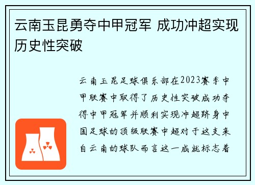 云南玉昆勇夺中甲冠军 成功冲超实现历史性突破 云南玉昆勇夺中甲冠军 成功冲超实现历史性突破